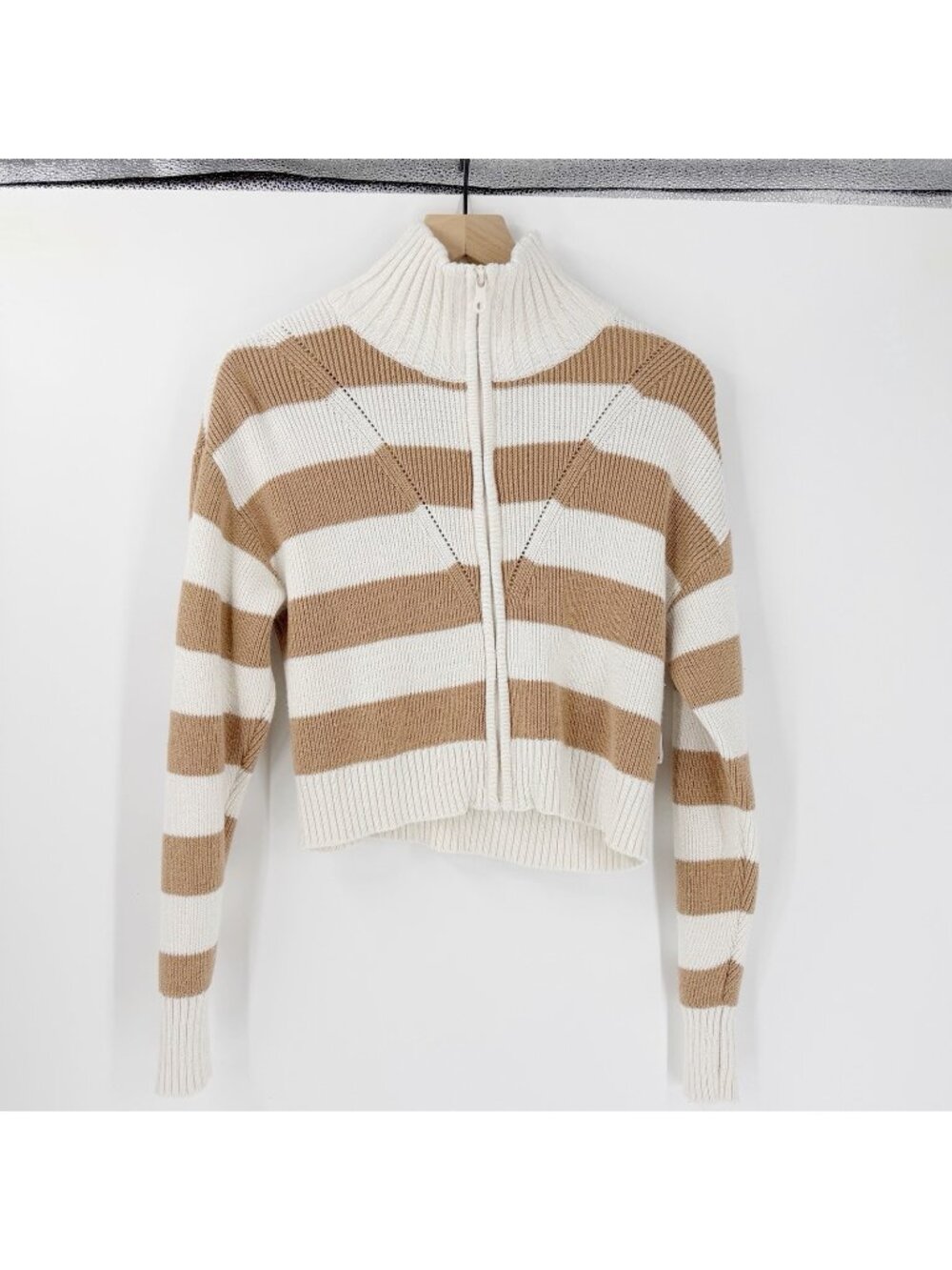 RECENT Aerie Offline Tan White Full Zip Striped Sweater Cardigan S